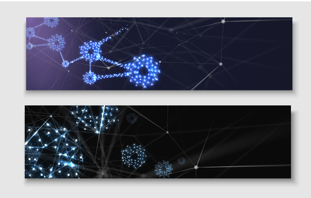 Connection abstract banners with blue led shiny gears and digital network pattern. Engineering, science, technology settings. Vector background.のイラスト素材