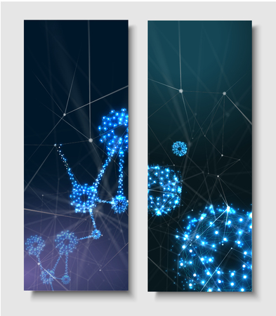 Connection abstract banners with blue led shiny gears and digital network pattern. Engineering, science, technology settings. Vector background.のイラスト素材