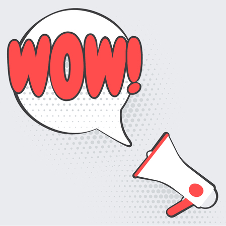 Wow! Red and grey poster with loudspeaker and speech bubble in pop art style. Vector illustration.のイラスト素材