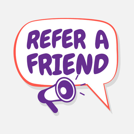 Refer a friend, loyalty program. Purple poster with loudspeaker.  Vector illustration.のイラスト素材