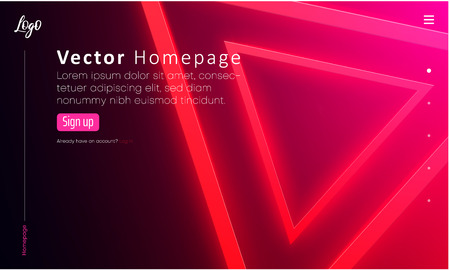 Web homepage template with icons and pink neon triangle pattern. Creative webpage design. Vector background.のイラスト素材