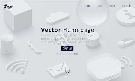 Grey web homepage template with icons and abstract internet symbols. Creative futuristic design. Vector background.のイラスト素材