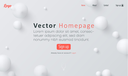 White web homepage template with icons and abstract balls pattern. Creative webpage design. Vector background.のイラスト素材