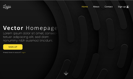 Black web homepage template with buttons and abstract geometric pattern. Creative webpage design. Vector background.のイラスト素材