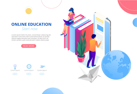 Online education. Background or homepage template with people studying remotely and space for text. Distance and e-learning. Vector illustration, flat style.のイラスト素材