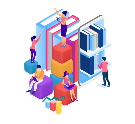 Media library, web archive, online books, cloud storage. Vector illustration with smartphone, books and people, flat style. Web tutorials, electronic textbook, distance learning.のイラスト素材