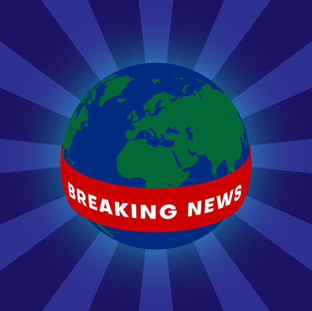 Breaking news. Blue screensaver with planet Earth. Template for news headline for live media resources, internet, websites, tv and online channel. Vector background.のイラスト素材