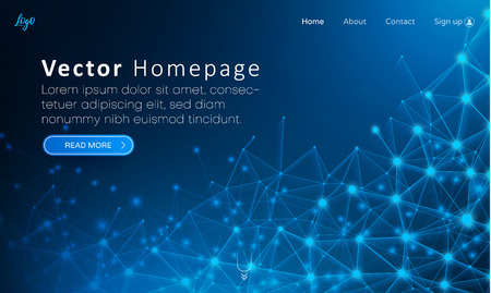 Blue web homepage template with buttons and abstract shiny network pattern. Creative webpage design. Vector background.のイラスト素材