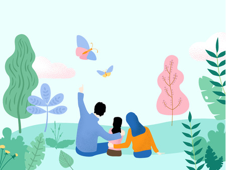 Hello spring. Hello summer. People spend weekend outdoors in park or forest. Happy family with child. Flat style design. Vector background.のイラスト素材