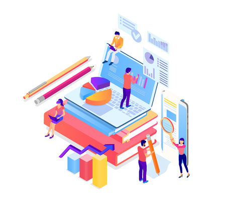 Business statistics, financial indicators and online analysis service. Attendance analysis, monetization, marketing and promotion. Vector illustration with people and laptop, flat style.
のイラスト素材