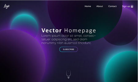 Purple web homepage template with buttons and blurred 3d balls. Creative webpage design. Vector background.のイラスト素材