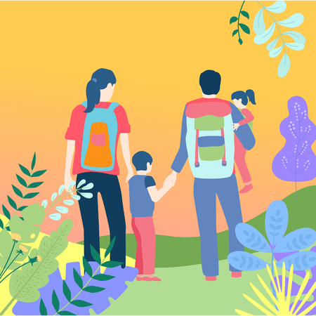 Hello summer. People spend weekend outdoors in park or forest. Happy family with kids. Vacations in campaign. Flat style design. Vector background. のイラスト素材
