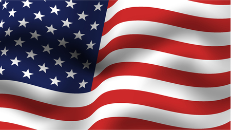 Blue and red USA flag. Greeting poster template for Flag day June 14th, Independence Day of America July 4th, Memorial Day. Vector illustration.のイラスト素材