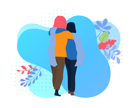 Family holiday. Enamored Ñouple walking outdoors, spend weekend in park. Happy family, just married, honeymoon. Flat style design. Vector background. のイラスト素材
