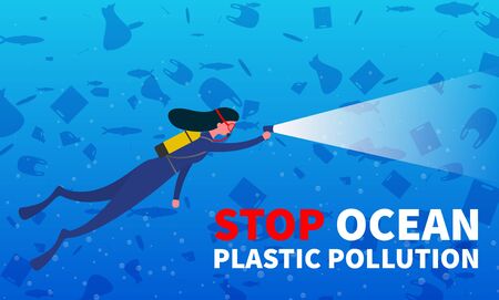 Stop ocean plastic pollution. Environmental protection, eco-friendly consumption. Promo poster with...