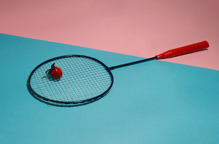 Composition with red strawberry on racket. Minimal style.の写真素材