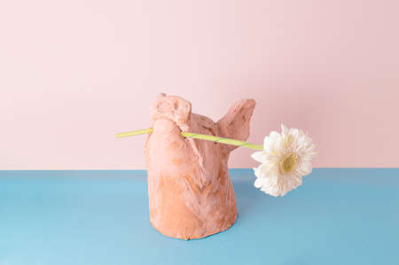 The pig holds a white flower in its mouth. Minimal composition.の写真素材