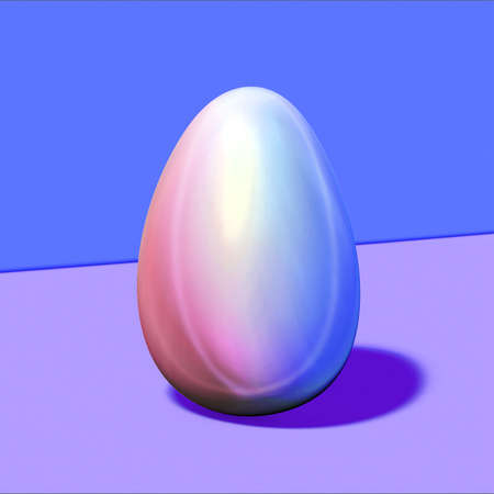 an Easter egg illuminated by neon light purple and blue color. Central composition. Minimalis idea.の写真素材