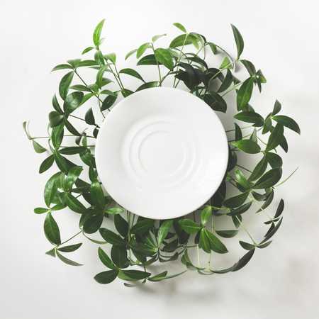 Creative layout made of green leaves with empty blank for note on white background. Top view.の写真素材