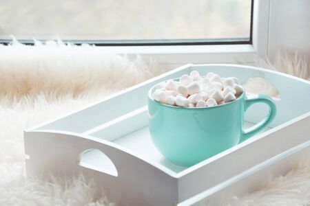 Blue cup of hot chocolate with marshmallow on windowsill with furskin for relax. Holiday concept. Home style.の写真素材