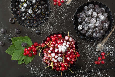 Fresh red and black currant, black raspberries as dessert garnish sugar powder, branch red currant in bakery tart plate on a black background.の写真素材