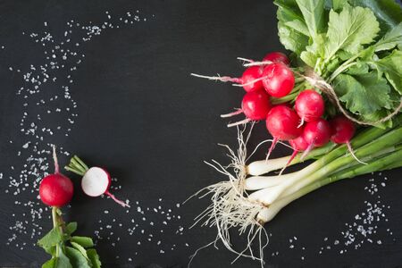 Bunch of fresh radish and onion on black dish. Top view. Copy space. Close up.の写真素材