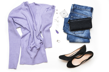 Collection of women's look with ultraviolet accessories for romantic time. Flat lay. Top view.の写真素材