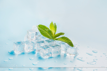 Ice with mint isolated on blue background. Summer concept.の写真素材
