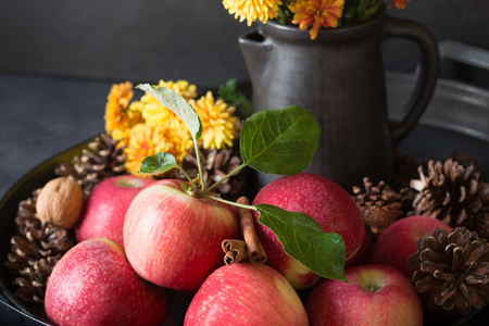 Apple tea with lemon, spiced and cinnamon on black. Autumn still life. Close up.の写真素材