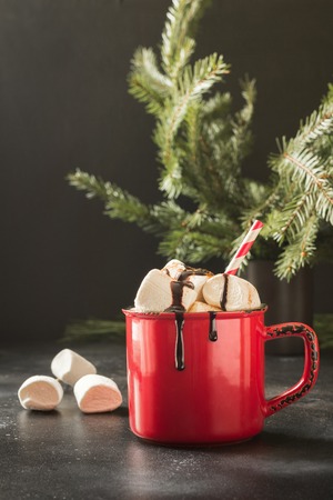 Mug of hot chocolate and cacao with marshmallows with christmas fir tree branches on black background. Xmas holiday.の写真素材