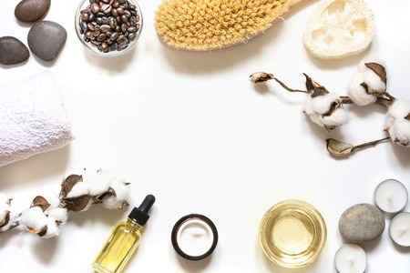 Set for spa and cellulite removal on white background. Top view. Copy space. Anti-cellulite.の写真素材