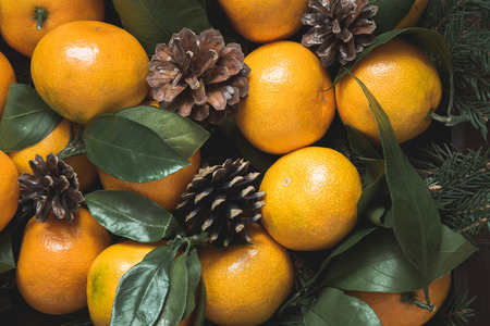 Fresh mandarins with leaves. Healthy eating concept for winter. Close up.の写真素材