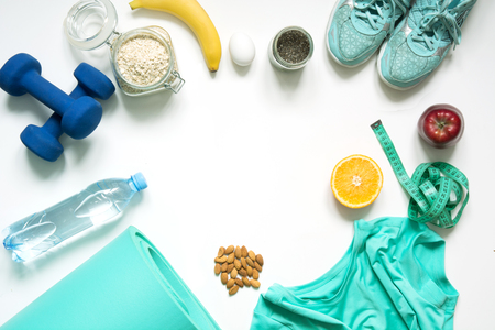 Concept fitness and healthy proper nutrition. Space for text. View from above.の写真素材