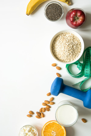 Healthy balance food representation for weight loss. Space for text. Top view.の写真素材