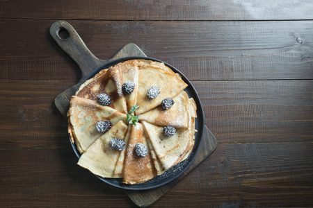 Tasty traditional russian pancakes. Top view. Pancake week. Shrovetide. Space for text