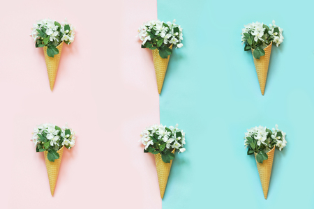 Creative minimal flat lay of white spring flower in waffle cone on pink background. Spring concept. Top view.の写真素材