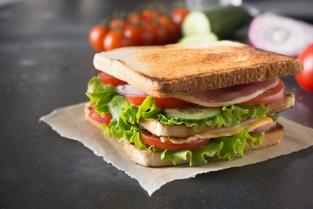 Sandwich with bacon, tomato, onion, salad on black. Close up.の写真素材