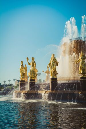 MOSCOW, RUSSIA - MAY 18.05.2019: Fountain of nation friendship in famous park in Moscow Russia. Summer day. City. Travelのeditorial素材
