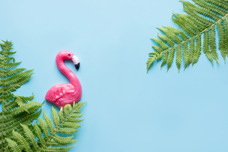 One pink flamingo candy lollipop on blue background. Top view. Fun tropical vacation concept.の写真素材