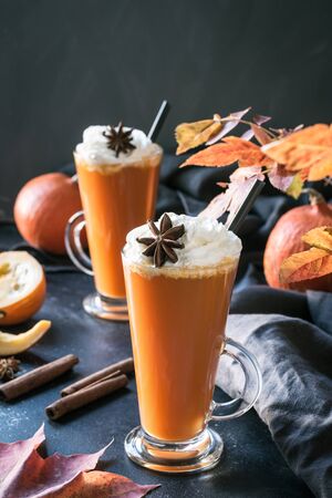 Fresh pumpkin spice smoothie or juice on dark. Autumn, fall or winter hot drink on dark black background. Cozy healthy beverage. Close up. Thanksgiving drink.の写真素材