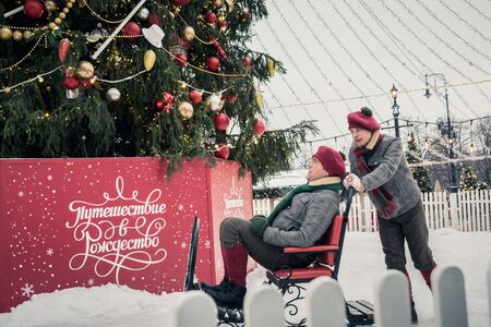 MOSCOW, RUSSIA 18 DEC 2018. Christmas time and sledding on Red square. Christmas celebration and fairy. New year. Decorated city.のeditorial素材