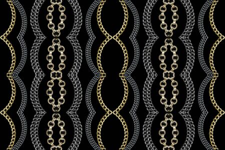 Golden different chain on black backgound. Luxury seamless pattern.