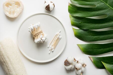 Bamboo ear sticks, natural organic cosmetics, cotton, plastic free. Zero waste concept for body care. Save planet.の写真素材
