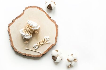 Bamboo ear sticks, natural organic cosmetics, cotton. Zero waste concept for body care. Save planet.の写真素材