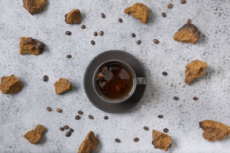 Chaga mushrooms coffee. Trendy healthy beverage. View from above. Flat lay. Space for text.の写真素材