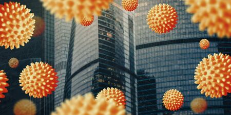 Distribution model of dangerous coronavirus in city. Abstract background with space for text. Pandemic COVID-19.の写真素材