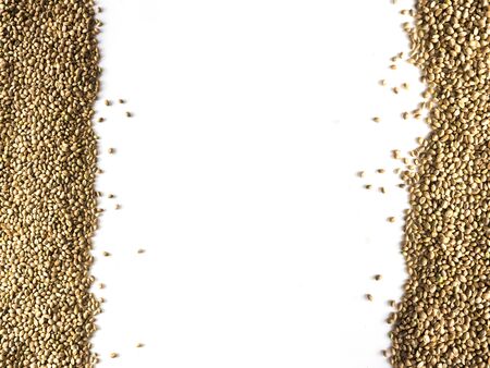 Organic dried hemp seeds as frame on white background. Useful protein substitute and an organic source vitamins. Flat lay. Space for text. Raw and edible hempseeds.の写真素材