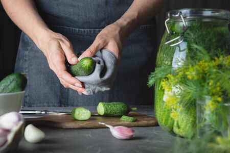 Woman preparing cucumbers for marinating with garlic and dill. Rustic dark style. Close up.の写真素材