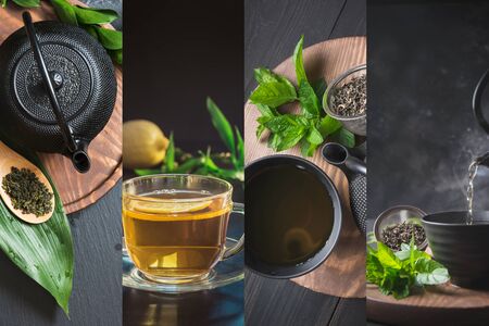 Collage of black chinese tea with mint on dark background.の写真素材