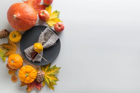 Fall table setting as frame with cutlery, plate, pumpkins, leaves, apples on grey. View from above. Horizontal orientation. Space for textの写真素材